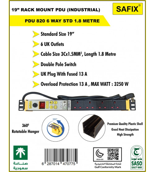 SAUDI MADE SAFIX PDU 19" 6UK SOCKETS PLASTIC BLACK COLOR WITH SWITCH, OVERLOAD BUTTON ,1.8M CABLE